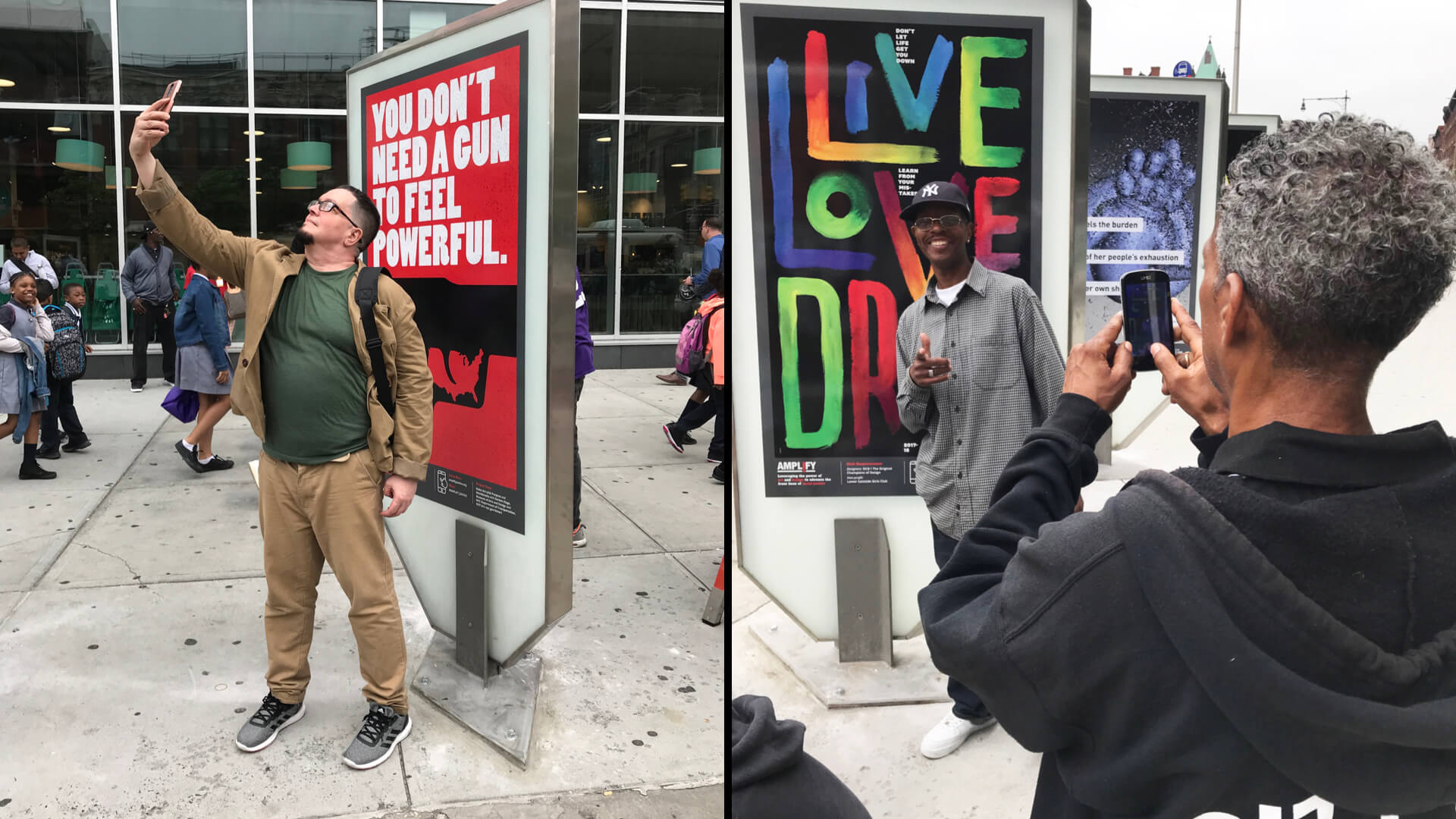 two images of people photographing themselves in front of the posters