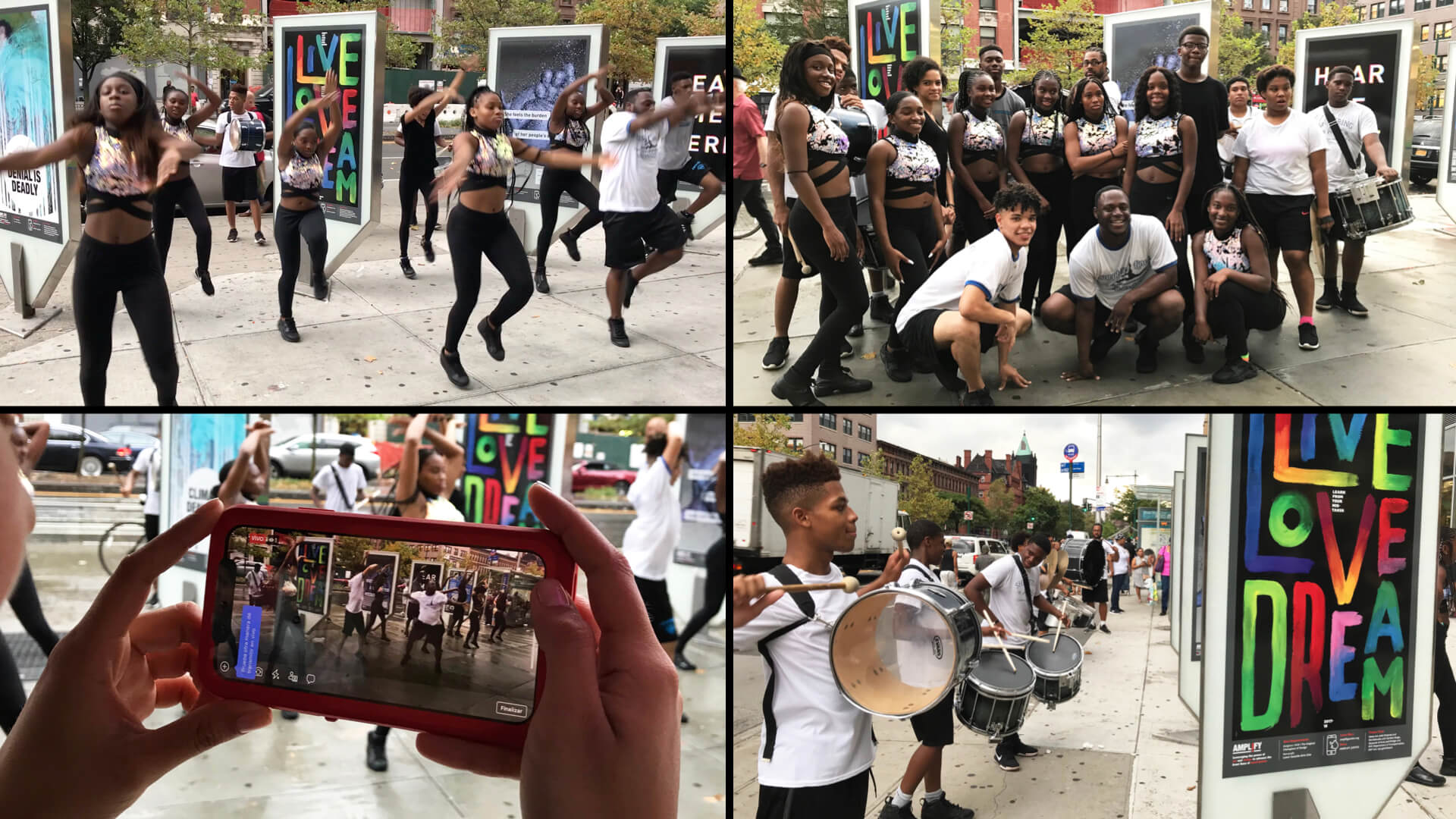 four images of a marching band dance perfomance
