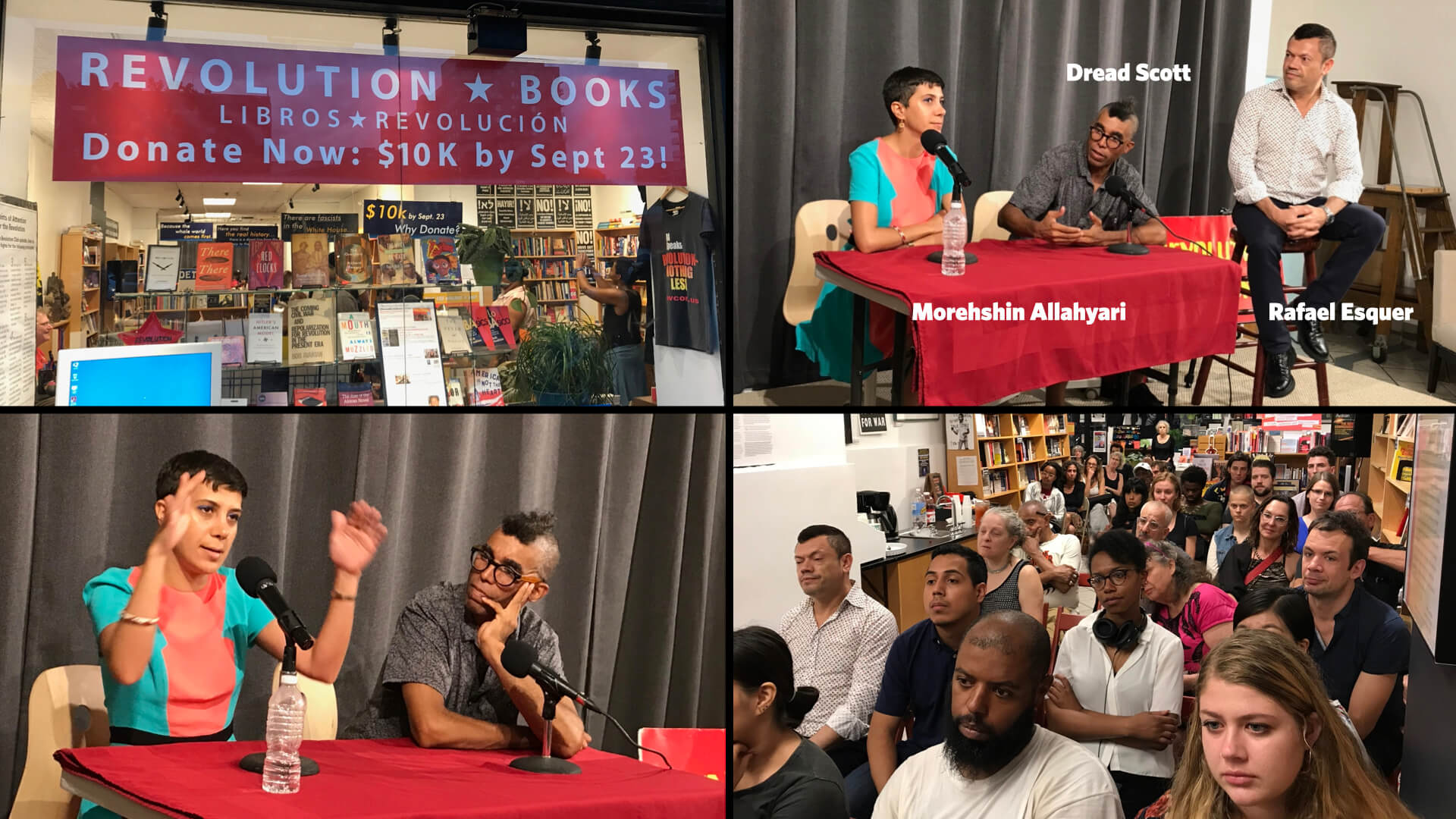 four images featuring a dialog, storefront of Revolution Books and an audience