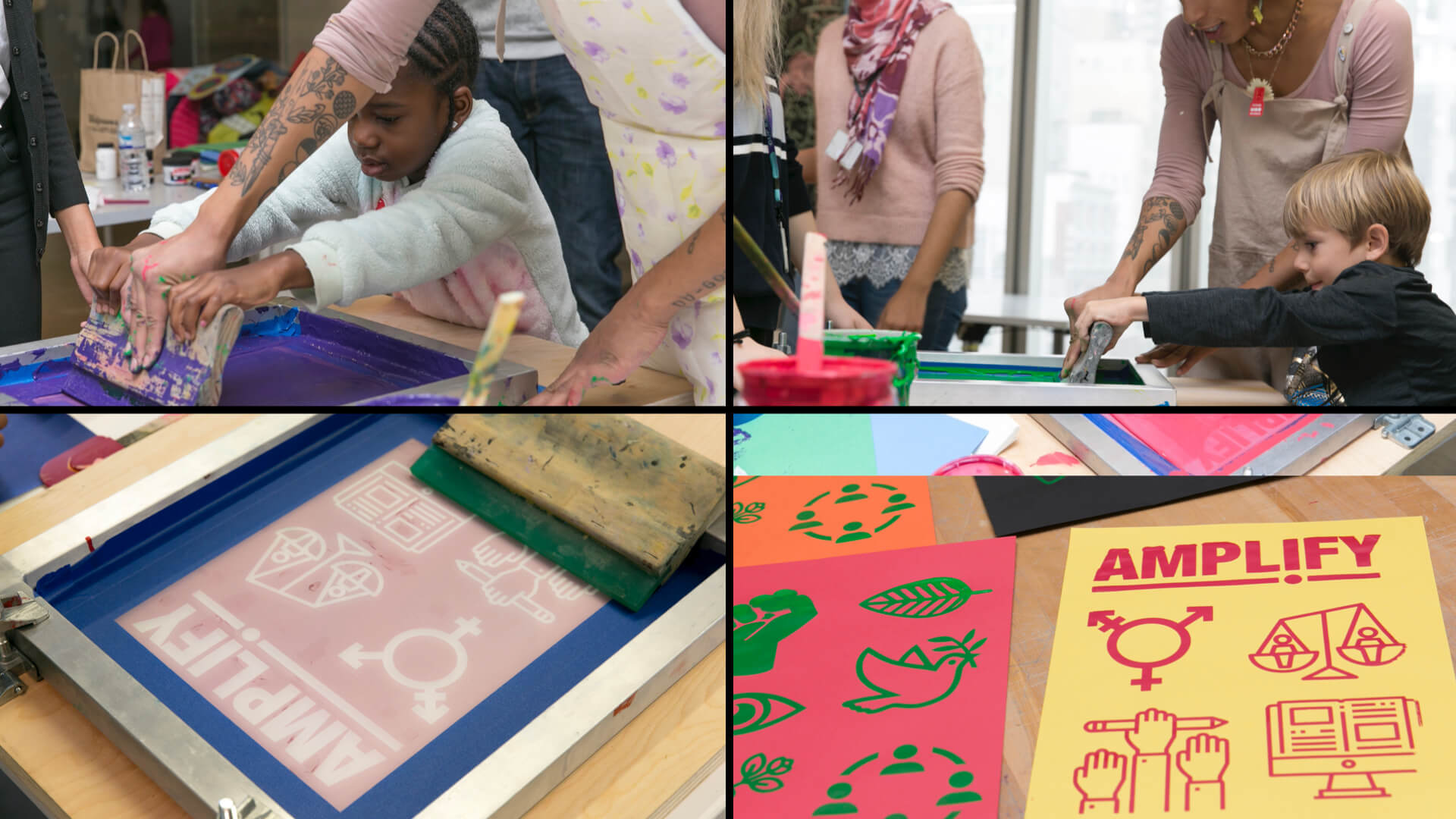 four images portray a screen printing workshop for children
